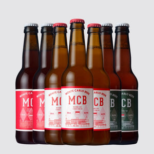 Sept bouteilles des bières Monte Carlo Beer, composé de notre ambrée, notre blonde et notre India Pale Ale