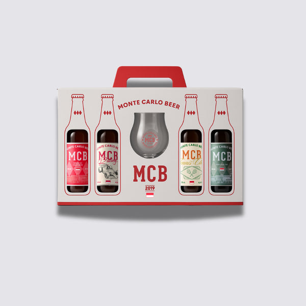 Coffret de bières artisanales Monte Carlo Beer incluant une bière Ambrée, une bière India Pale Ale, et deux éditions limitées de la blonde version Tennis Club et Racing. Et en plus un verre à bière forme tulipe.